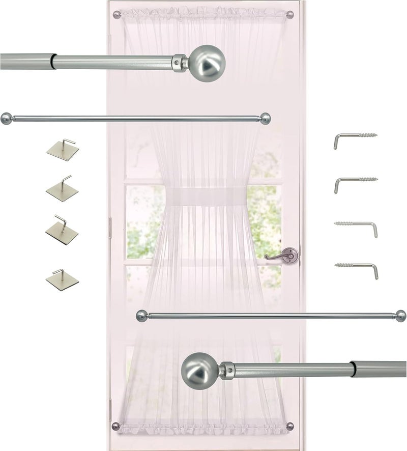 ARNORX 3/8 Inch Tier Curtain Rod 2-Pack, Adjustable French Door & Sash Window Curtain Rod 16–28 Inch, Self-Adhesive or Screw Mount, Satin Nickel – for Kitchen Window, Cabinet, Shelf, Storage Room - Image 1